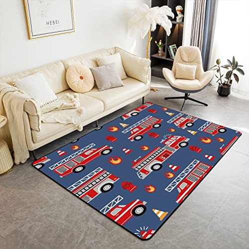 Loussiesd Cartoon Auto Teppiche für Wohnzimmer Feuerwehrauto Bereich Teppich Feuerwehrmann Dekorative Teppich Feuerwehrmann Auto Fahrzeug Feuerwehr Blau Rot Indoor Bodenmatte 150x200cm