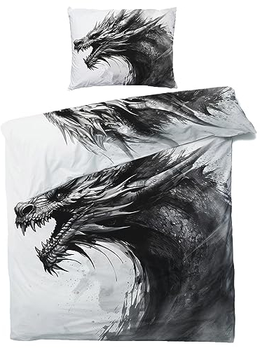MOBEITI Drachen Bettwäsche 155x220, Fantasy Schwarze Drachenmotiv Wendebettwäsche, Weiche Kuschelige Mikrofaser Bettbezug Set 2teilig, 1 Kissenbezug 80x80, mit Reißverschluss