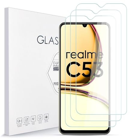 Asoway Protector de Pantalla para Realme C53 Cristal Templado [3 Piezas], Dureza 9H, Antiarañazos, Antihuellas, Sin Burbujas, Ultra Resistente, Fácil de Instalar