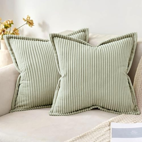 MIULEE 2er Set Kordsamt Kissenbezug Weiche Kissenhülle Dekorative Sofakissen Quadratische Dekokissen Moderne Zierkissenbezug Gestreifte Kissenbezüge für Wohnzimmer Schlafzimmer 40x40cm Hellgrün