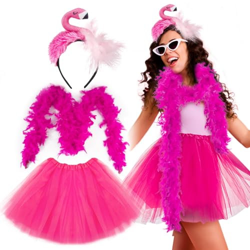 BOFUNX Damen Flamingo Kostüm, Flamingo Haarreif + Rosa Tüllrock Tutu Rock + Federschal Federboa für Fasching Karneval Mottoparty Kostüm Accessoires