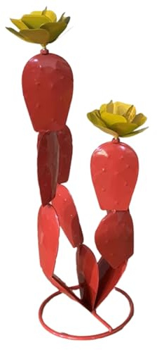 Socueny Fico di metallo, statuetta di cactus, decorazione del deserto con fiori, arte da giardino, regali, decorazione per piante in metallo, colore rosso