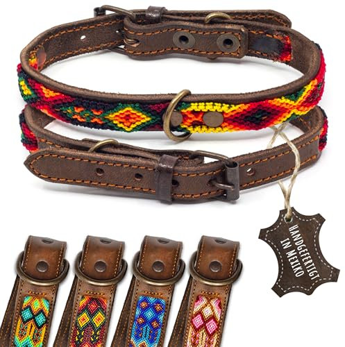 ALTEZAR Lederhalsband Hund - Doppelt Tribal Bestickt Feuerrot Rot-Orange Braunes Hochwertig Hundehalsband Leder - Handgemacht in Mexiko - Größe XS - Halsband Hund für sehr kleine Hunde Leder breit