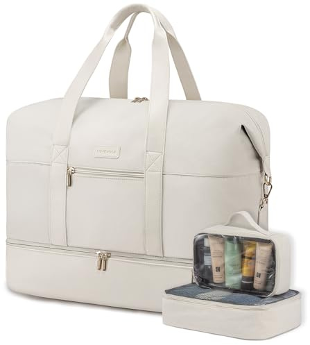 LOVEVOOK Travel Bags for Women, Waterproof Overnight Weekend Duffle Gym Hospital Holdall Bag with Shoes Compartment & Trolley Sleeve, Cabin Carry On Flight Bag, Beige