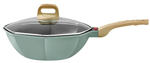 FEIGUO Wok antiaderente con coperchio trasparente Pentola a induzione ottagonale verde Pentole da cucina Wok per la casa
