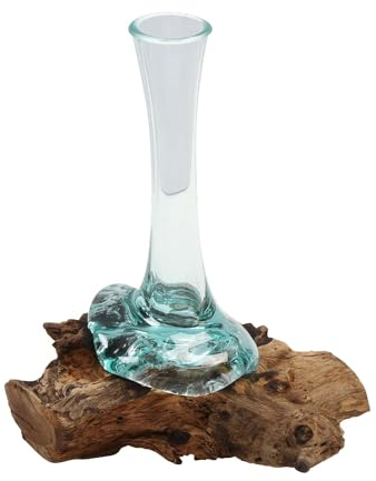 Vase en verre sur bois de racine - Diamètre : 4 cm - Hauteur : 25 cm - En verre recyclé et racine de teck - Fait à la main - Extravagant - Décoration d'intérieur - Vase naturel A25 - Idée cadeau de