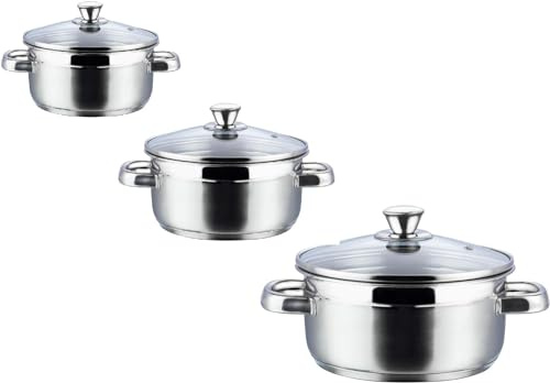 Nobel Stainless Steel Two Tone Casserole with Glass Vented Lid Heat Resistant Short Handles, Ideal for All Hobs. (Set of 3-16,18,20 cm Diameter)