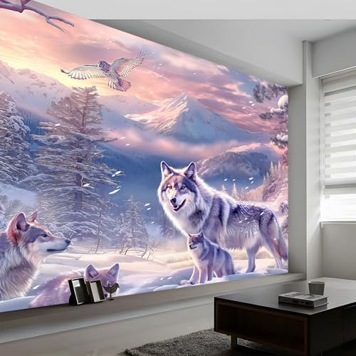 Papier Peint Panoramique Art Abstrait Animal Loup Neige, 400 x 280 cm (WxH) Poster Mural, Coloré Peinture Murale pour Salon Chambre Chambre d'enfants Restaurant Décoration Murale
