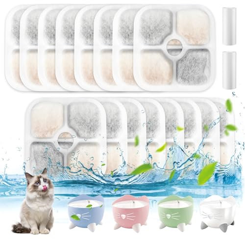 16 pcs Filtre Fontaine Eau Chat avec 3 Tuyaux, pour Filtre Fontaine Eau Chat de Rechange, Triple Système de Filtration, avec Résine Et Charbon Actif, pour Filtre pour Fontaine à Eau