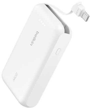 Belkin Portable Charger, Power Bank with Integrated Cable 10000 mAh 20W - Fast Charge USB C Power Delivery, iPhone Charger - iPhone 16 Series, iPad Pro, Galaxy S25, & More - White