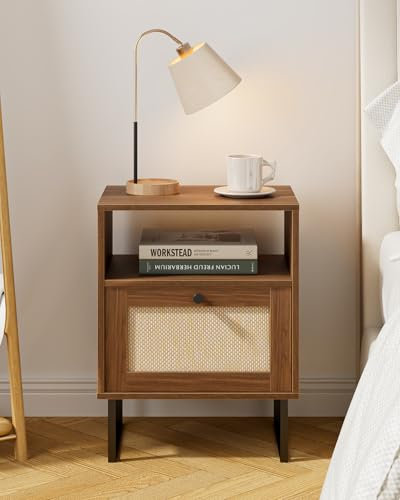 HEYZOEY Rattan Nachttisch,Moderner Boho Bauernhof Holz Nachttisch mit Schublade und offenem Regal,Kleiner Goldrahmen Beistelltisch für Schlafzimmer,Wohnzimmer,Büro(Braun)