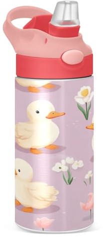 Sevdomey Bouteille d'eau mignonne en forme de canard pour filles et garçons, bouteille d'eau isotherme en acier inoxydable étanche de 350 ml avec paille pour l'école, la crèche, les voyages, le sport