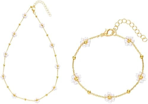 FDEETY 2 Stück Damen Schmuck Set Vintage Bunte Blume Perlen Halskette mit Girly Blume Armband Frisch und Süß Stil（Weiß）