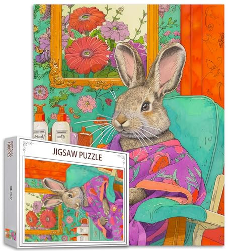Rabbit in Clothes Sitting on the Couch 1000 Piece Jigsaw Puzzle, Jungle Animal Flower Art for Home Decor, Family Game Nights, Great Gift
