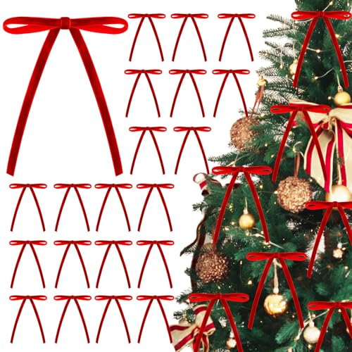 sesameless Christmas Decorations,12 Pcs Christmas Tree Bows,Velvet Bows for Christmas Tree,Crafts Bows for Gift Wrapping,Christmas Tree Decorations,Xmas Velvet Ornaments Home Party Decor (Red)