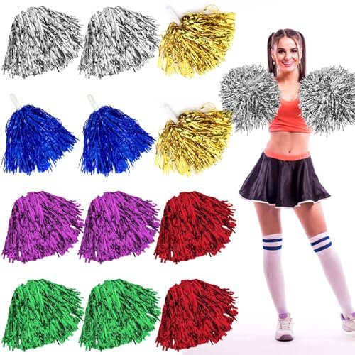 12PCS Cheerleading Pompons, Pom Poms Cheerleading mit Griffen Pom, Hell Metallic Cheers Ball Zum, Schön Pompons Cheerleader Hand Blumen-Bänder für Sportwettbewerb Tanzen Cheers Erwachsene Kinder