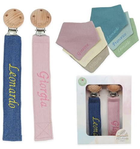 Filo e Poesia Catenella Portaciuccio Con Nome, Personalizzato con nome ricamato, tanti modelli e colori Portaciuccio da poter scegliere, ottima idea regalo per Baby Shower (Blu-Rosa + Bavaglino)