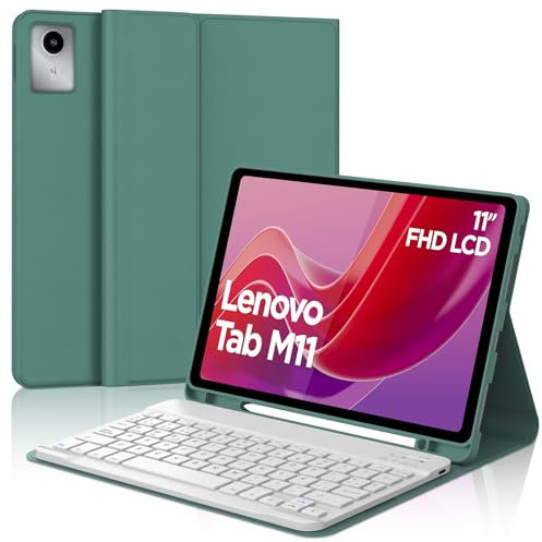 WAVATA Funda con Teclado para Lenovo Tab M11 2024, Español Ñ Tecla para Tab M11'' - Teclado Inalámbrico Bluetooth para Lenovo Tab M11 de 11 Pulgadas (TB330FU/TB330XU)- Verde Oscuro