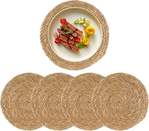 ACUSHLA Tovagliette rotonde in tessuto – Confezione da 4 tovagliette in giacinto d'acqua da 35 cm – Tovagliette in vimini intrecciato di qualità – in legno naturale fatto a mano, accessori da cucina e