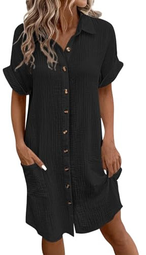 AHAKLO Blusenkleid Damen Lang Knopfleiste Musselin Kleid mit Taschen, V-Ausschnitt Hemdblusenkleid Knielang Sommerkleider Leicht Leinenkleid Frauen Freizeitkleid