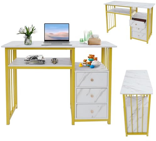 DHQCQL Tocador Manicura Mesa, Escritorio con 3 cajones, 100 x 40 x 76 cm, mesa de uñas de madera, estructura de metal para oficina, salón, hogar, oficina, hasta 30 kg