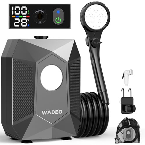 WADEO Ducha portátil para Acampada con batería de 6000 mAh, Bomba de Ducha para Acampada con iluminación, 5 Modos de presión, Set de Ducha para Acampada con lámpara para Senderismo, Viajes y Mascotas