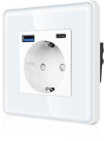 CNBINGO Einzelsteckdose mit 2× USB-Anschluss (Max. 2.1A, Typ-C und USB-A) - Einfach Schuko Steckdose Unterputz mit 2,5D Curved Glas Platte - Wandsteckdose mit Kindersicherung - 1 Fach Weiß