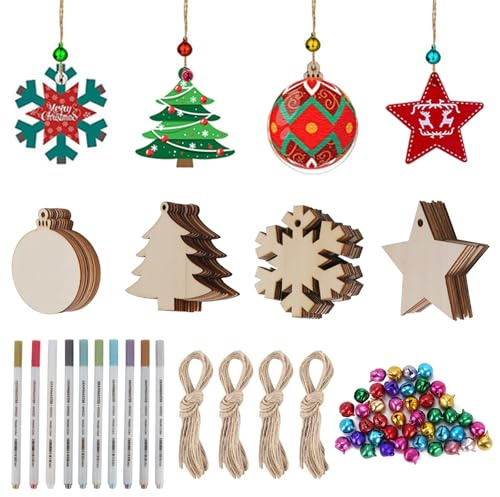 Fairblo 40 Stück Weihnachtsdeko Anhänger Holz Christbaumschmuck Holz Scheiben Weihnachtsbaum Anhänger Dekohänger Schneeflocke Weihnachtsanhänger Weihnachten zum Bemalen mit 40 Seil 40 Glöckchen