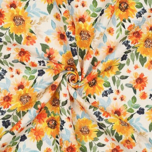 Stoff Meterware Blumen Blüten Flowers Geblümt Musselin Baumwolle - 1 Meter, Mull, Gaze, Windelstoff, Baby, Kinder, Kleidung, Kleider, Röcke, Blusen, Tunika, Sommer (Sonnenblumen)