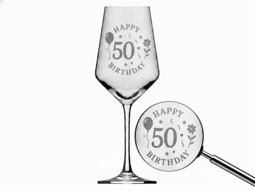 Valhalla 1x Weinglas Gravur Happy Birthday 50 Geburtstag spülmaschinenfest | Gravur Happy Birthday, Füllvermögen 350 ml, spülmaschinenfest, Höhe 21 cm, Durchmesser 8 cm, dekorativ, funktional