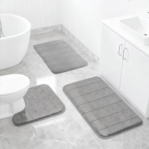 LUPATDY 3 Teilig Badezimmerteppich Set, Badteppich rutschfest Waschbar, Mikrofaser Badezimmerteppich und U Förmige WC Vorleger, Badezimmer Teppich für Dusche, WC & Badewanne, Hellgrau