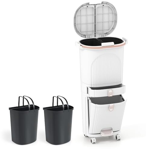 LIFEZEAL 38L / 42L Mülleimer auf Rädern, Abfalleimer mit 3 Fächern & Deckel, Tretmülleimer mit Griff, Küchenmülleimer Abfallbehälter für Küche, Wohnzimmer & Büro (Weiß, 42L)