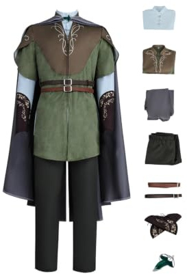 Seaehey Legolas Kostüm Herren Elfen Prinz Cosplay Outfit mit Umhang Gürtel Armstulpen Zubehör Mittelalter Kapuzenmantel Halloween Karneval