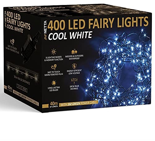 NETTA Christmas Tree Fairy Lights - 400 LED Cool White with 8 Different Modes; for Outdoor & Indoor Use, Plug in Xmas Party Decorations - 400 LED/ 40M Lit-Length