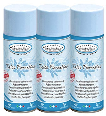 HygienFresh Talco Fiorentino – Spray desodorante profesional para tejidos de ambiente de coche, cajones, zapatos, armario, perfume, hotel, gimnasio, accesorios para la colada – 3 unidades de 400 ml