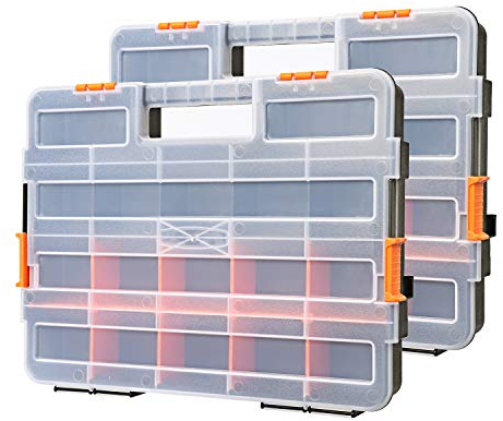 CASOMAN Kleinteile Organizer Sortierkasten zweistöckig, Verstellbare Fächer, Schrauben Sortimentskasten Box leer ohne Zubehör, 38.2x29.4x6.5cm