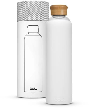 Doli Trinkflasche Glas mit Silikonhülle 1L White - Ideal für Heißes & Kohlensäurehaltige Getränke - Absolut dicht - Spülmaschinenfest - BPA-frei