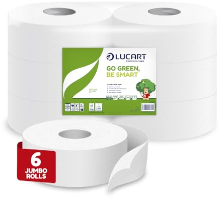 Lucart Professional, Pack de 6 rouleaux Jumbo de papier toilette écologique, 2 plis, doux et homogène, 100% recyclé, certifié FSC, blanc