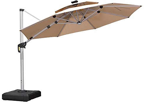 PURPLE LEAF Sonnenschirm mit LED Solar Beleuchtung Ampelschirm Ø 330 cm Marktschirm Groß 360°Rotation, Gartenschirm mit Kurbel, Balkonschirm XXL, Sonnenschutz UV50+, Beige