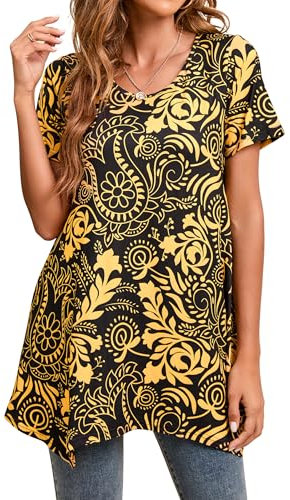 Enmain Womens Tunic Tops Short Sleeve Summer T Shirt Ladies Tunics for Leggings Plus Size Round Neck Casual Elegant Yellow Black T-Shirt Blouse Swing Top L