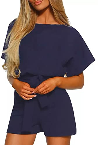 Ejoyous Jumpsuit Damen Sommer Blumen kurz Overall, Jumpsuit Kurz Playsuit Overal Elegant mit Bindegürtel Ausschnitt Spagettiträger Stretch Locker Damen Frauen(m-Blau)