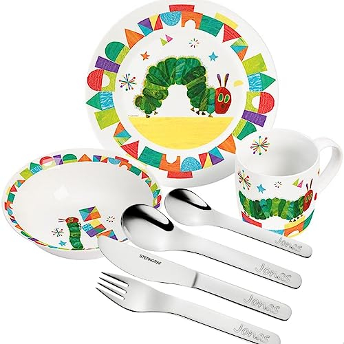 Sterngraf Kinder-Set Raupe Nimmersatt 7tlg. mit Gravur (z.B. Namen) personalisiertes Kinderbesteck + Kindergeschirr (Teller, Schale, Tasse)