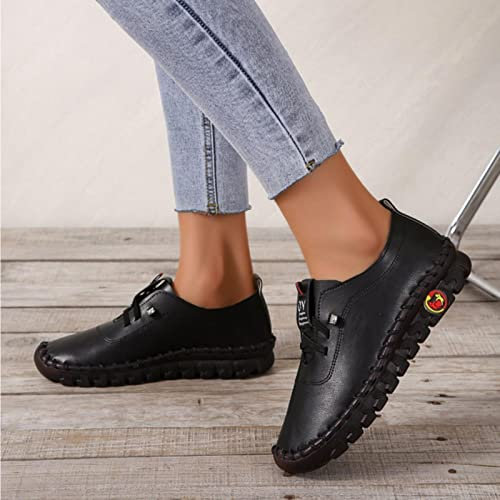 Neue Women Casual Schuhe Schnüre-up Feste Farbe Weiche Sohle Einfache Flats Mode Mode Outdoor Bequeme Nicht-Schlupf-Ladungsstoffe-Black,38