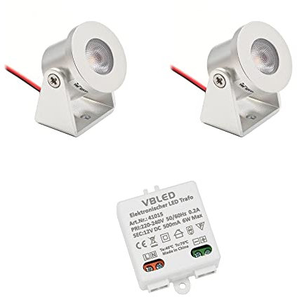 VBLED 2er Set 1W Mini Aufbau-Strahler Rotier- & Schwenkbar 80lm warmweiß mit 6W 12VDC Netzteil