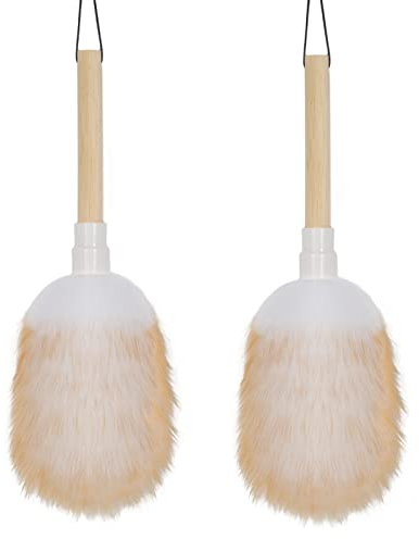 Lambswool Duster Set of 2 - Wooden Handle with Hanging Rope, Washable Reusable Small Hand Duster for Cleaning Wall, Plant, Desk & Blind
