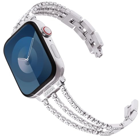 KADES Kompatibel Mit Apple Watch Armband Damen, Bling Link Edelstahl Ersatzarmband für Apple Watch SE, Series 10 46mm, 9/8/7 45mm, 6/5/4 44mm, 3/2/1 42mm, Silber