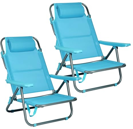 RR Pack de 2 Sillas de Playa Reclinables Plegables con Reposacabezas | Sillas Portátiles para Jardín, Camping, Piscina, Terraza | Estructura de Aluminio Ligera y Tela Transpirable Resistente
