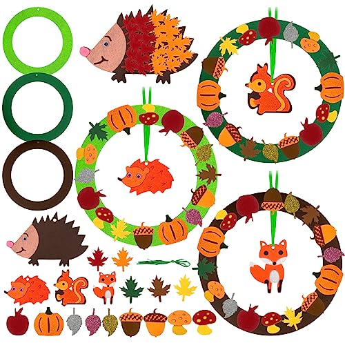 Herbstkranz Filz Bastelset für Deko, 3 Stück Kranz und Igel Set, Herbst Basteln für Kinder, DIY Filz Kränze Ornamente für Halloween, Weihnachten