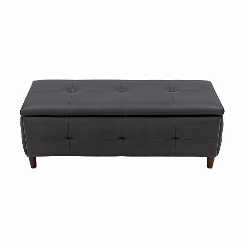 Panana Padded Toy Box Storage Bench Ottoman Foot Stool，Upholstered Ottoman Pouffe Stool Change Shoe Footrest Wooden Legs， Black Faux Leather