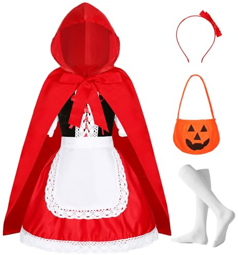 Velmawig Mädchen Rotkäppchen Kostüm Umhang Kinder Little Red Riding Hood Costume Cape Karneval Weihnachten Party Cosplay Outfit mit Schürze Stirnband Socken VL015F